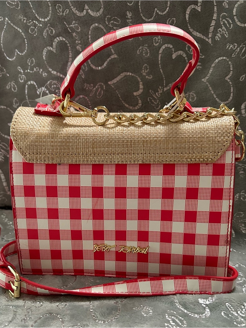 NWT Betsey Johnson, Mini Red & Cream Gingham Strawberry Crossbody Bag with Charm - Picture 5 of 9